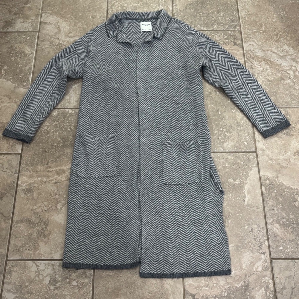 Abercrombie & Fitch Herringbone‎ Longline Cardigan Sweater Grey White XL